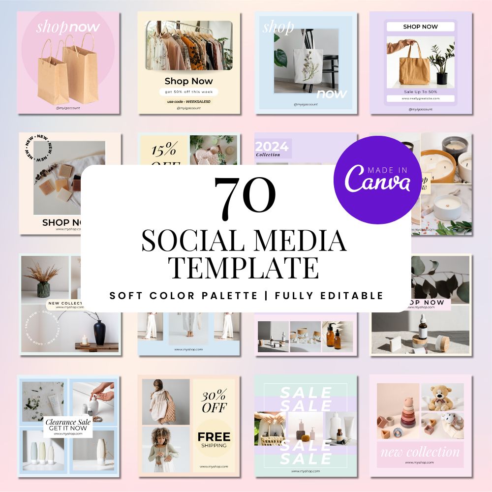 70 Editable Social Media Templates for Canva (Pastel Hues)(Canva Pro Needed)