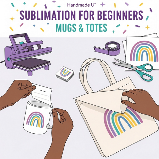 Book cover of 'Handmade U Sublimation for Beginners: Mugs & Totes' with illustrations of a sublimation machine, rainbow design, and hands working on a tote bag.