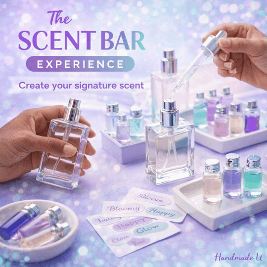 Perfume bottles and a dropper with 'The Scent Bar Experience' branding on a purple background.