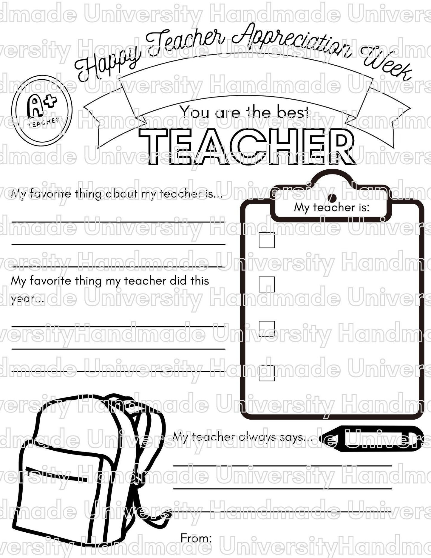 Teacher Appreciation Week A+ School Supplies Worksheet Coloring Page - Printable PDF - Printable PDF - Canva Pro Template - Gifts for Teachers