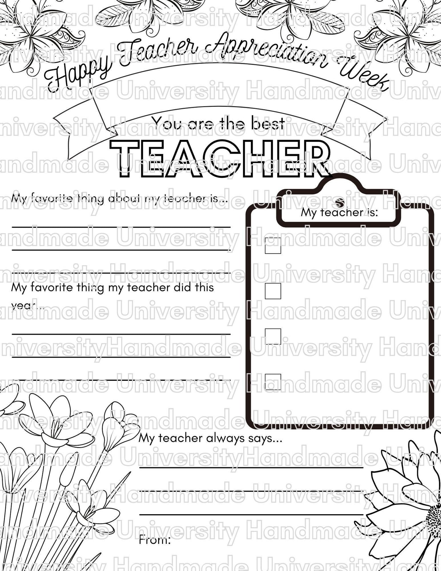 Teacher Appreciation Week Floral Worksheet Coloring Page - Printable PDF - Canva Pro Template - Gifts for Teachers