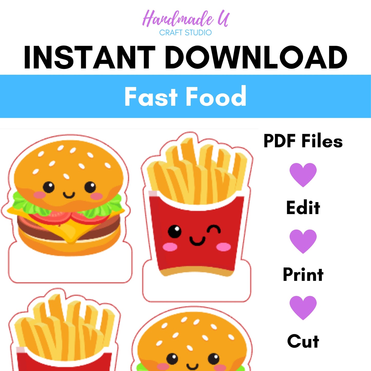 Fast Food Burger and Fries Name Tags – Instant PDF Download