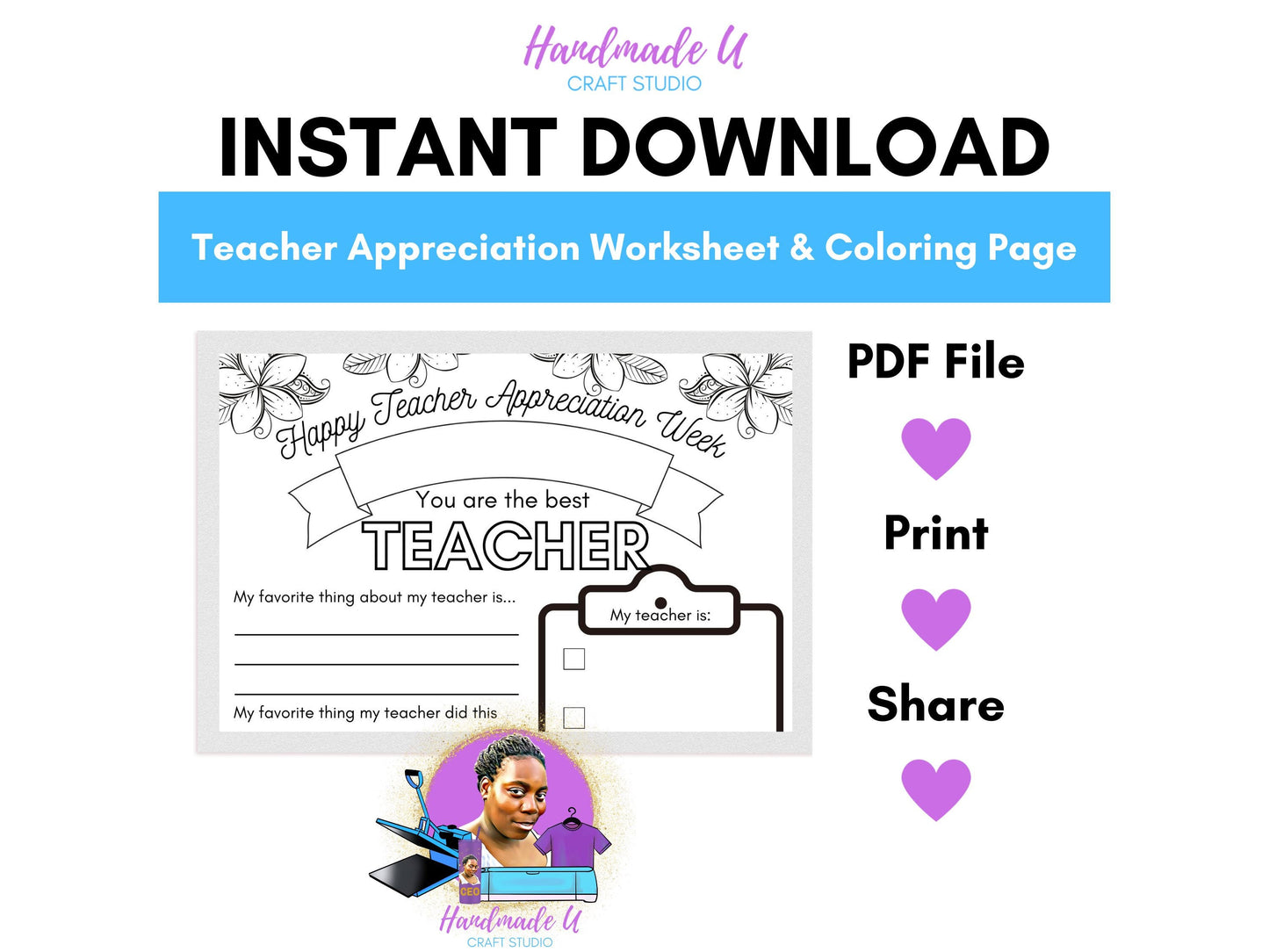 Teacher Appreciation Week Floral Worksheet Coloring Page - Printable PDF - Canva Pro Template - Gifts for Teachers