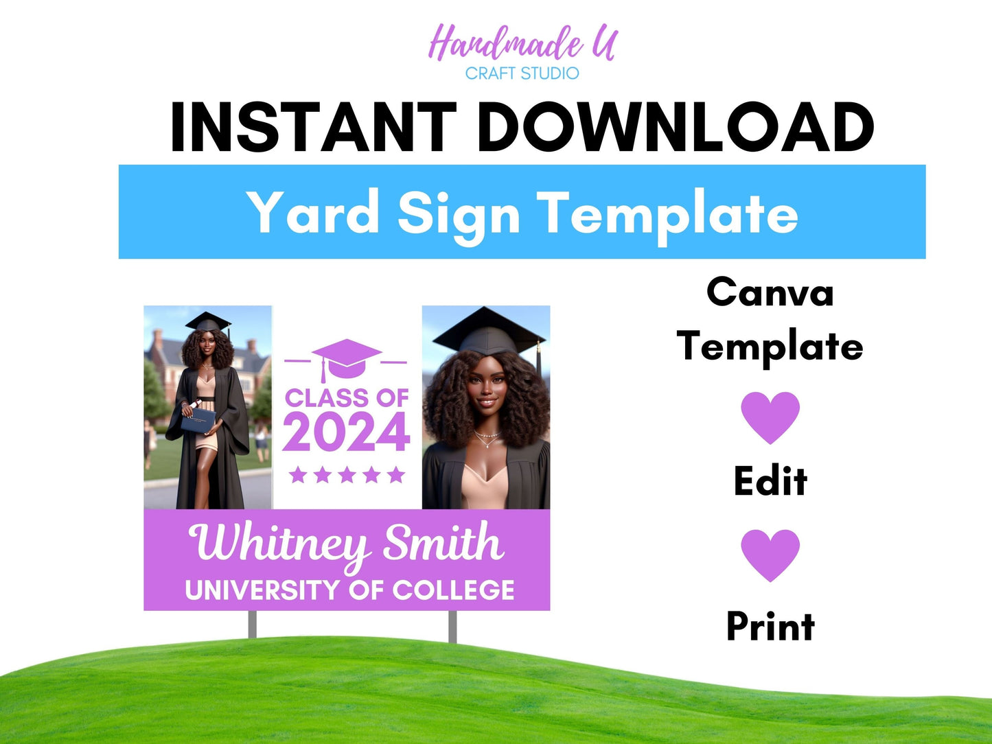 Graduation Yard Sign Canva Pro Template "2 Photo Solid Text" | Commercial Use