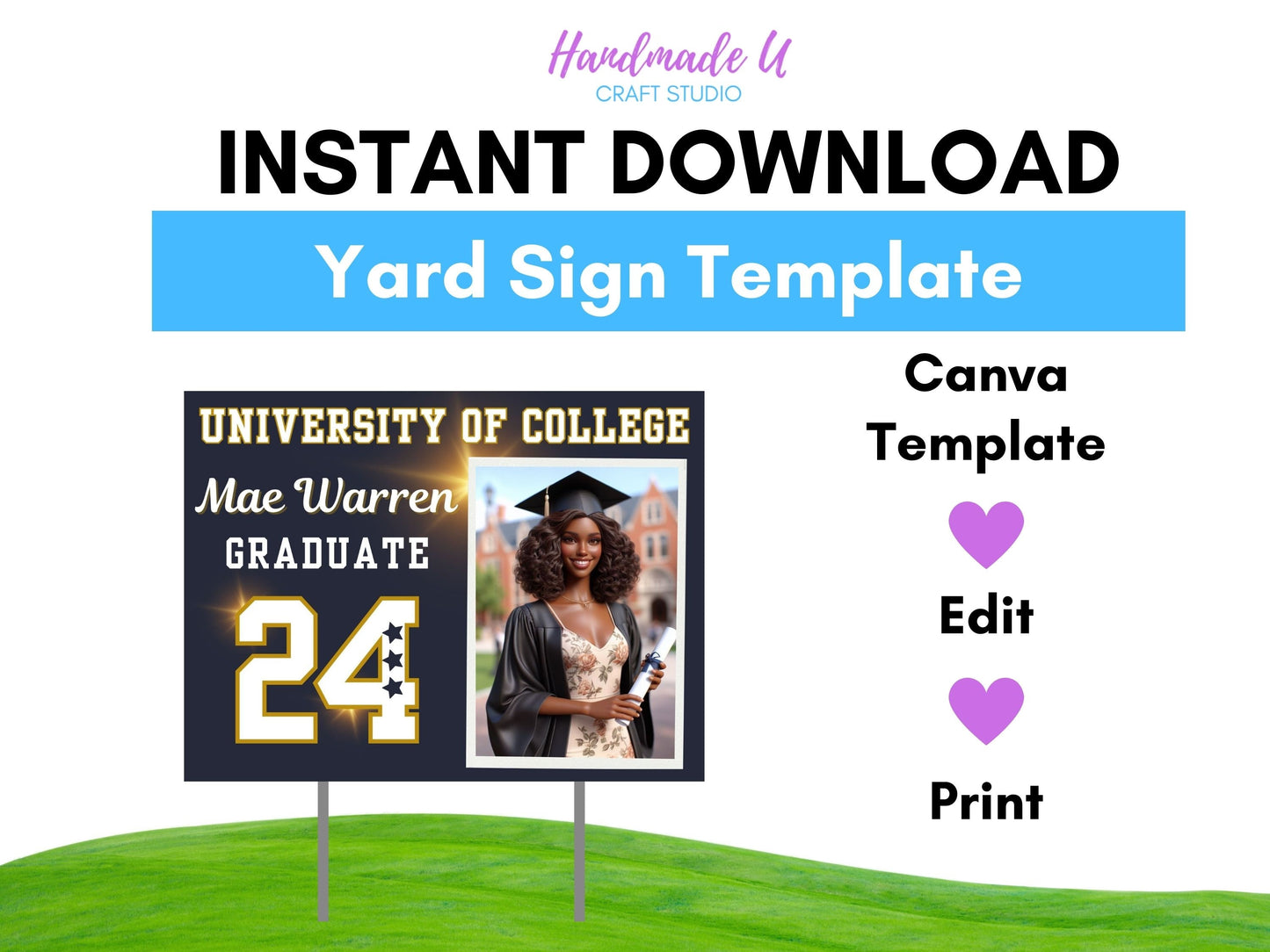 Graduation Yard Sign Canva Template "Blue Sparkle" | Commercial Use (Canva Pro Needed)