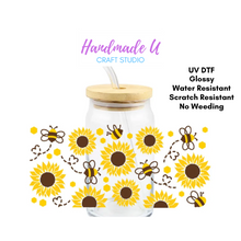Load image into Gallery viewer, Sunflowers and Bees Summer Love UV DTF 16 oz Glass Can Wrap
