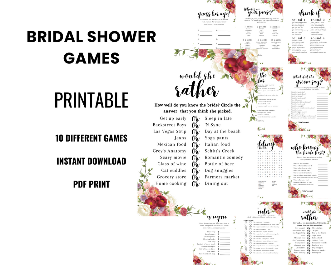 Floral Bridal Shower Games – Pink and Red PDF