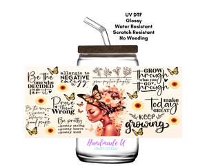 Positive thoughts Sunflowers and Butterflies 16 oz. UV DTF Glass Can Cup Wrap | Ready to Apply | No Heat Needed | Permanent Adhesive | Waterproof | DIY Supply | Colorful, Decorative, Pattern Sticker for DIY Water Bottle Decoration