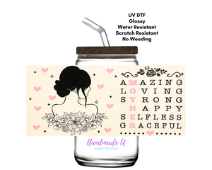 Mother Acrostic  16 oz. UV DTF Glass Can Cup Wrap | Ready to Apply | No Heat Needed | Permanent Adhesive | Waterproof | DIY Supply | Colorful, Decorative, Pattern Sticker for DIY Water Bottle Decoration
