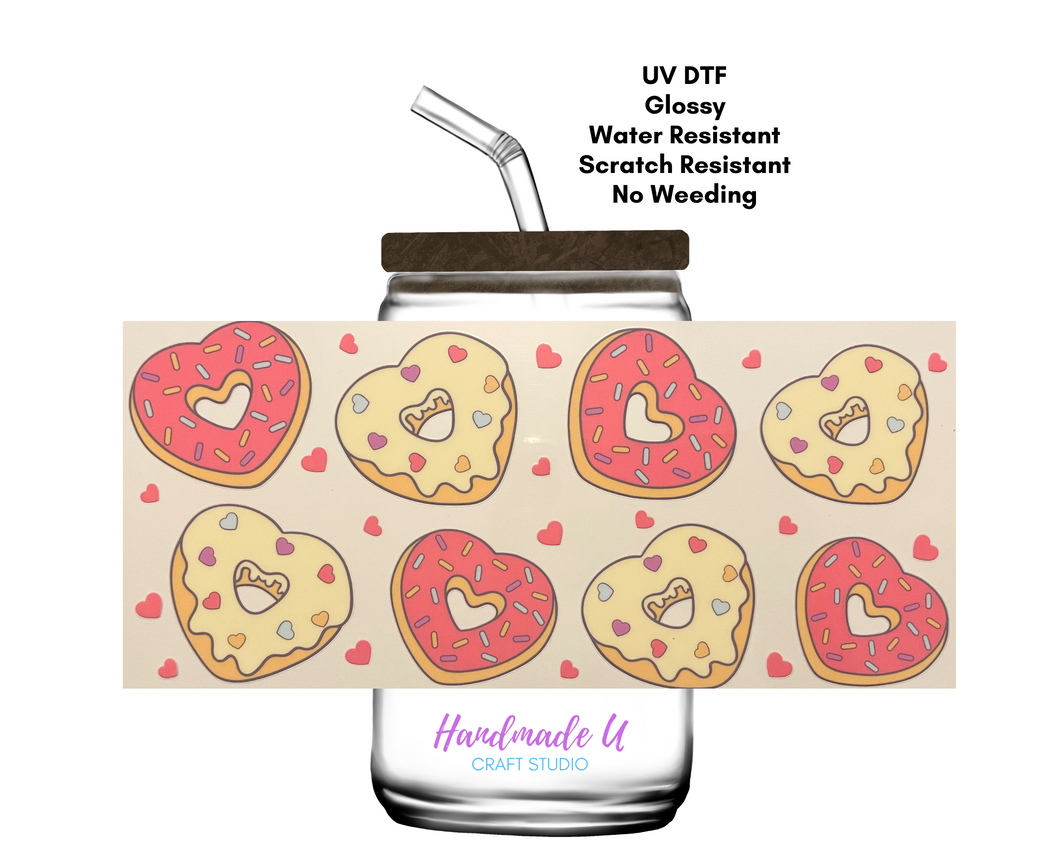 Heart Donuts 16 oz. UV DTF Glass Can Cup Wrap | Ready to Apply | No Heat Needed | Permanent Adhesive | Waterproof | DIY Supply | Colorful, Decorative, Pattern Sticker for DIY Water Bottle Decoration