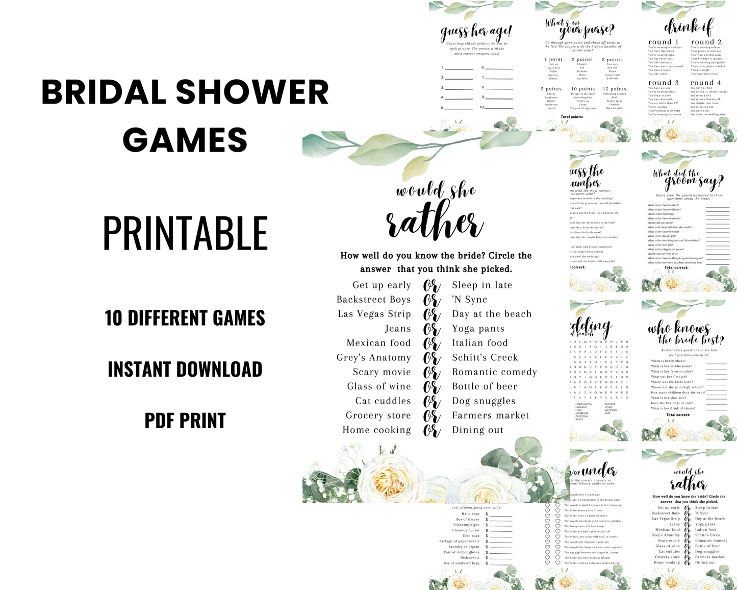 Green and White Bridal Shower Games – PDF Printable