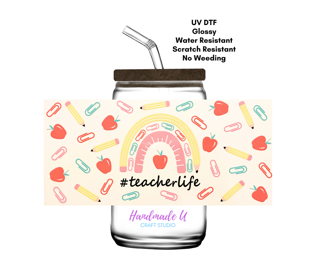 Teacher Life Boho Rainbow UV DTF 16 oz Glass Can Wrap