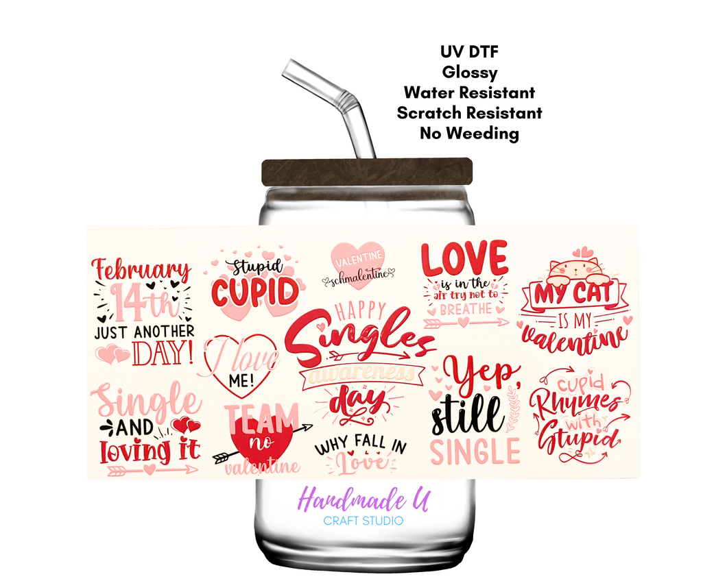 Valentines Day Assortment 16 oz. UV DTF Glass Can Cup Wrap | Ready to Apply | No Heat Needed | Permanent Adhesive | Waterproof | DIY Supply | Colorful, Decorative, Pattern Sticker for DIY Water Bottle Decoration