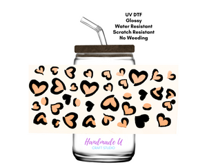 Cheetah Prints Hearts 16 oz. UV DTF Glass Can Cup Wrap | Ready to Apply | No Heat Needed | Permanent Adhesive | Waterproof | DIY Supply | Colorful, Decorative, Pattern Sticker for DIY Water Bottle Decoration
