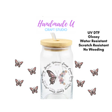 Load image into Gallery viewer, God&#39;s Butterflies UV DTF 16 oz Glass Can Wrap
