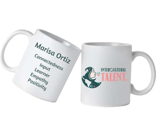 Two white mugs with text and graphics on a white background
