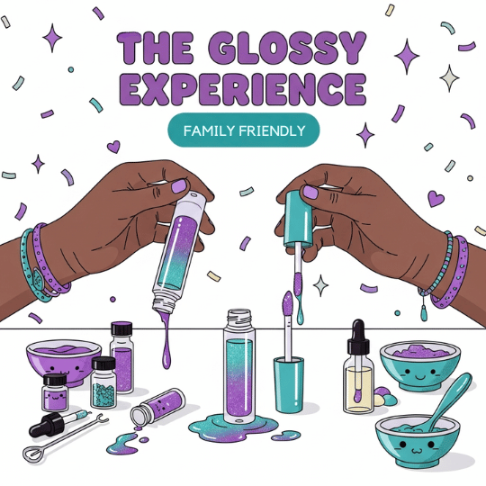 Illustration of hands with 'The Glossy Experience' branding and cosmetic products.