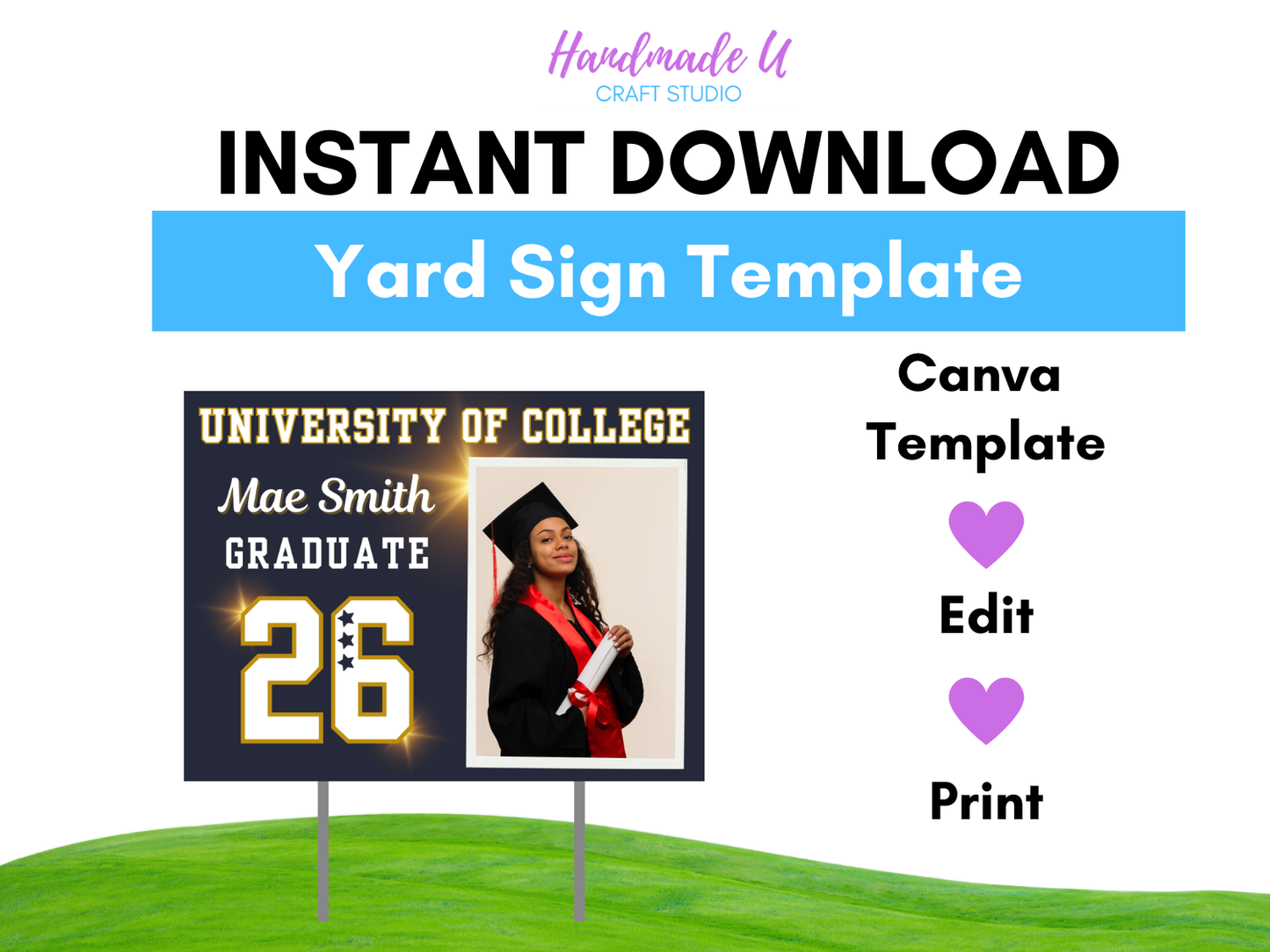 Graduation Yard Sign Canva Pro Template "Blue Sparkle" | Commercial Use