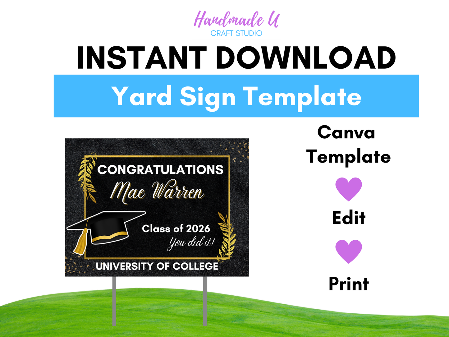 Graduation Yard Sign Canva Pro Template "Classic Black" | Commercial Use