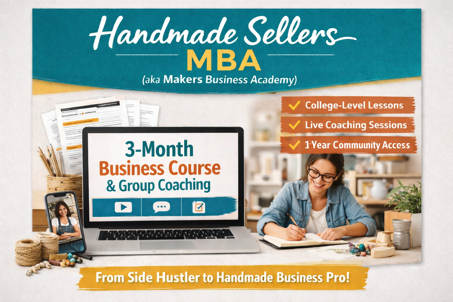 Advertisement for 'Handmade Sellers MBA' with a laptop, woman working, and educational materials.