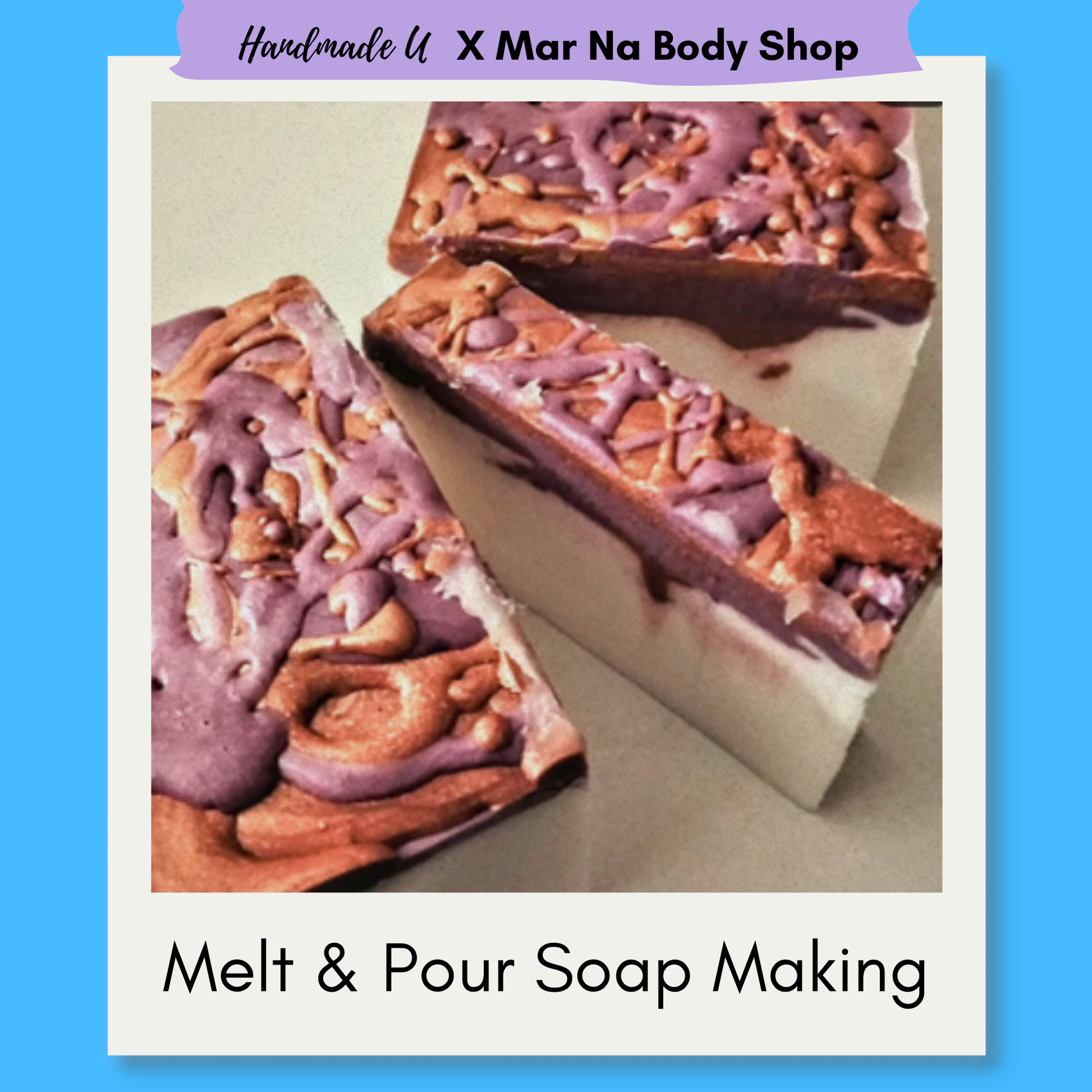 Three bars of soap with a marbled design on a light background labeled Handmade U X Mar Na Body Shop.