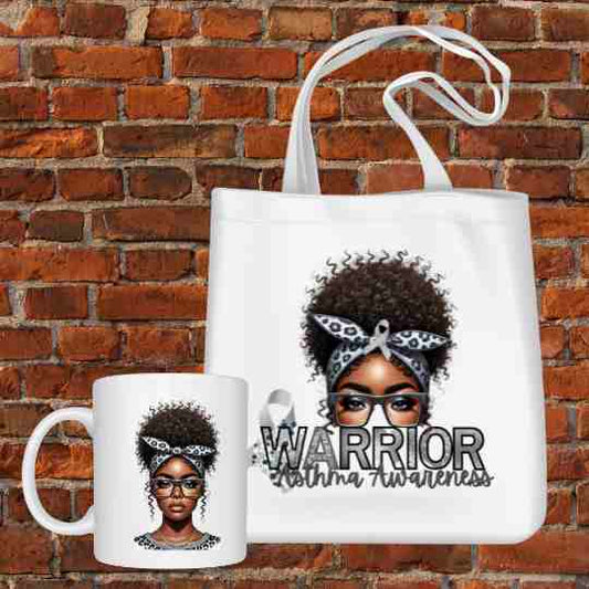 White tote bag and mug printed with a woman's face, glasses, headwrap and 'WARRIOR' text