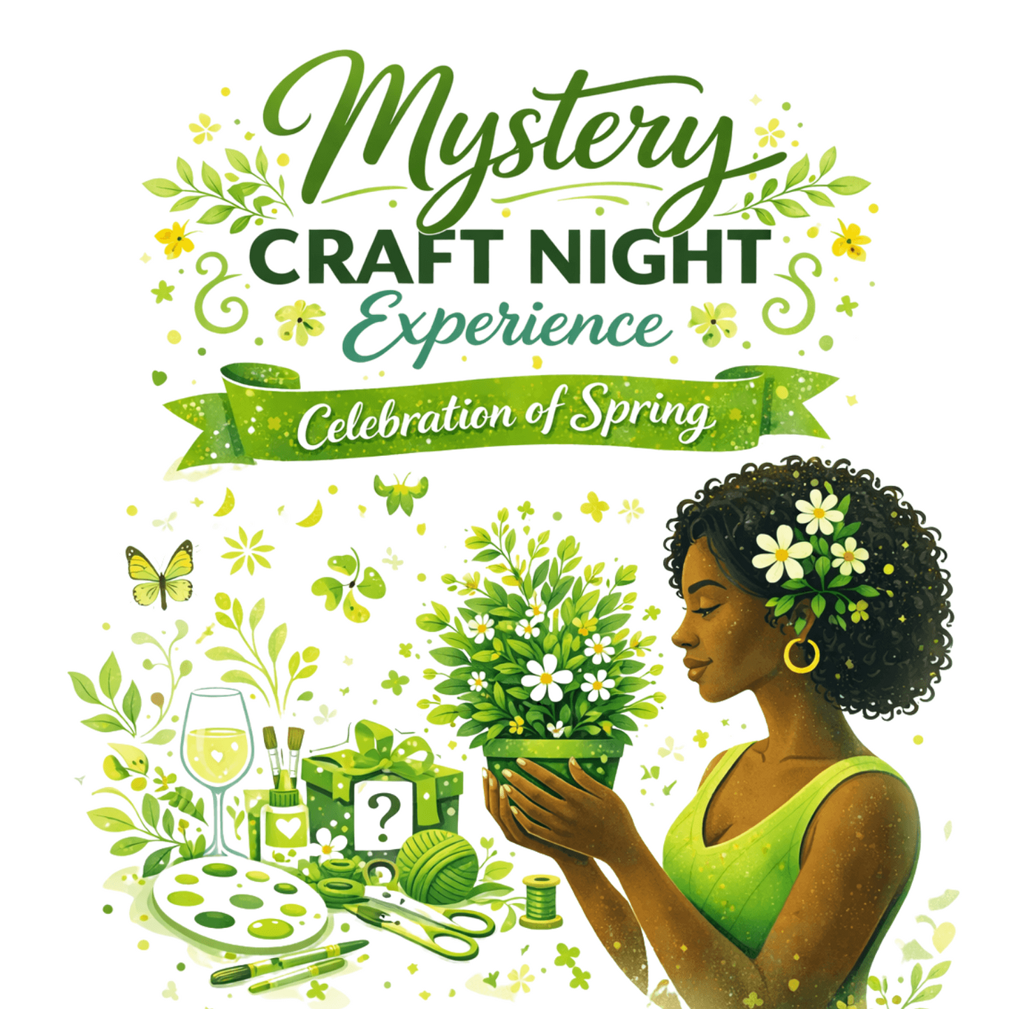 Promotional flyer for a 'Mystery Craft Night' event with a woman holding flowers,QR code, and event details.