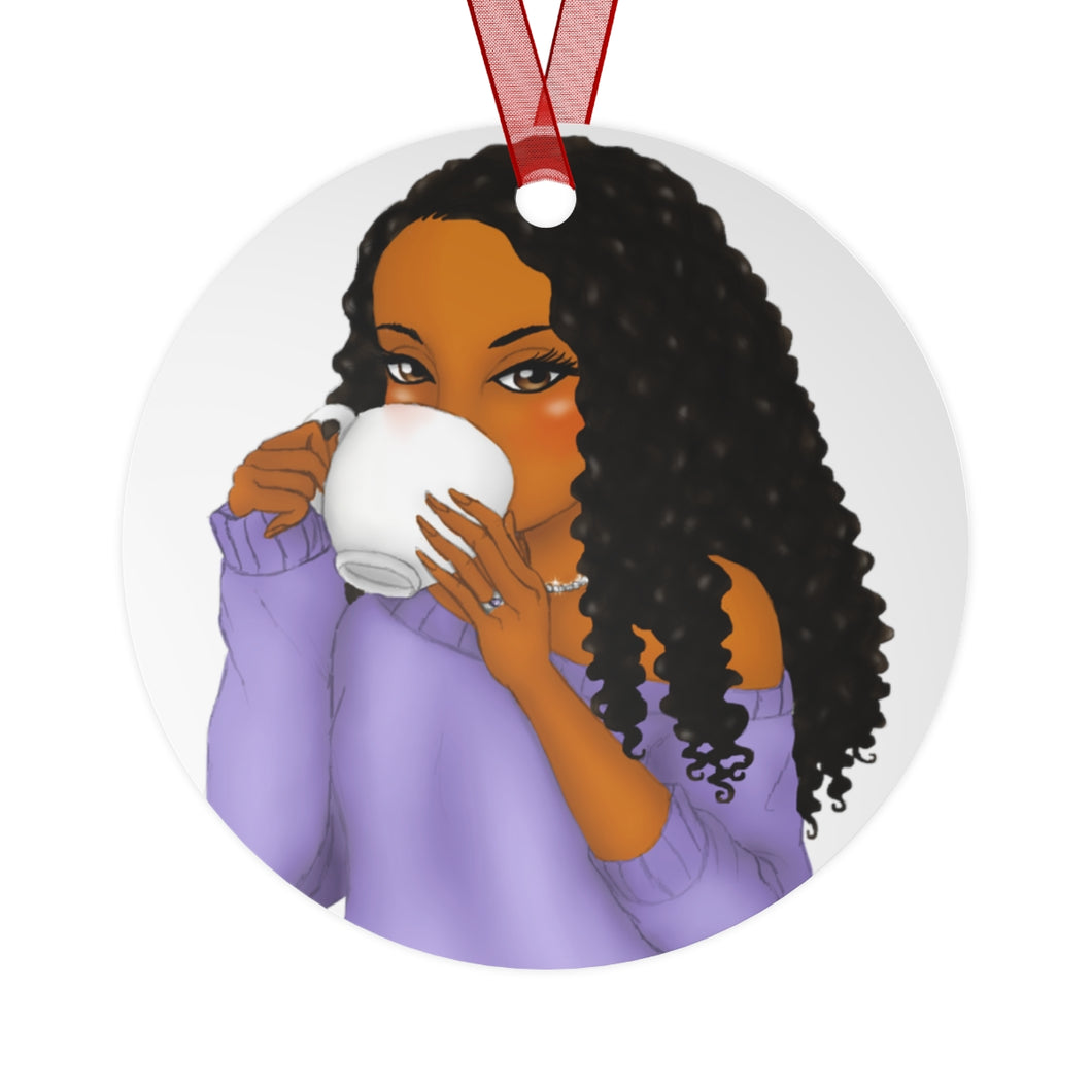 Natural Hair Tea Sipping Melanated Girl - Black Woman Christmas Ornament -  Black Girl Gift - Melanin Girl Christmas
