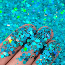 Load image into Gallery viewer, Mermaid Blue Holographic HU Sparkles Chunky Mix Hexagon Glitter for resin, nails, tumblers, crafts
