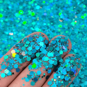 Mermaid Blue Holographic HU Sparkles Chunky Mix Hexagon Glitter for resin, nails, tumblers, crafts