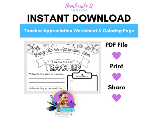 Teacher Appreciation Week Floral Worksheet Coloring Page - Printable PDF - Canva Pro Template - Gifts for Teachers
