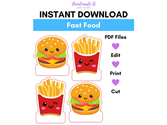 Fast Food Burger and Fries Name Tags – Instant PDF Download